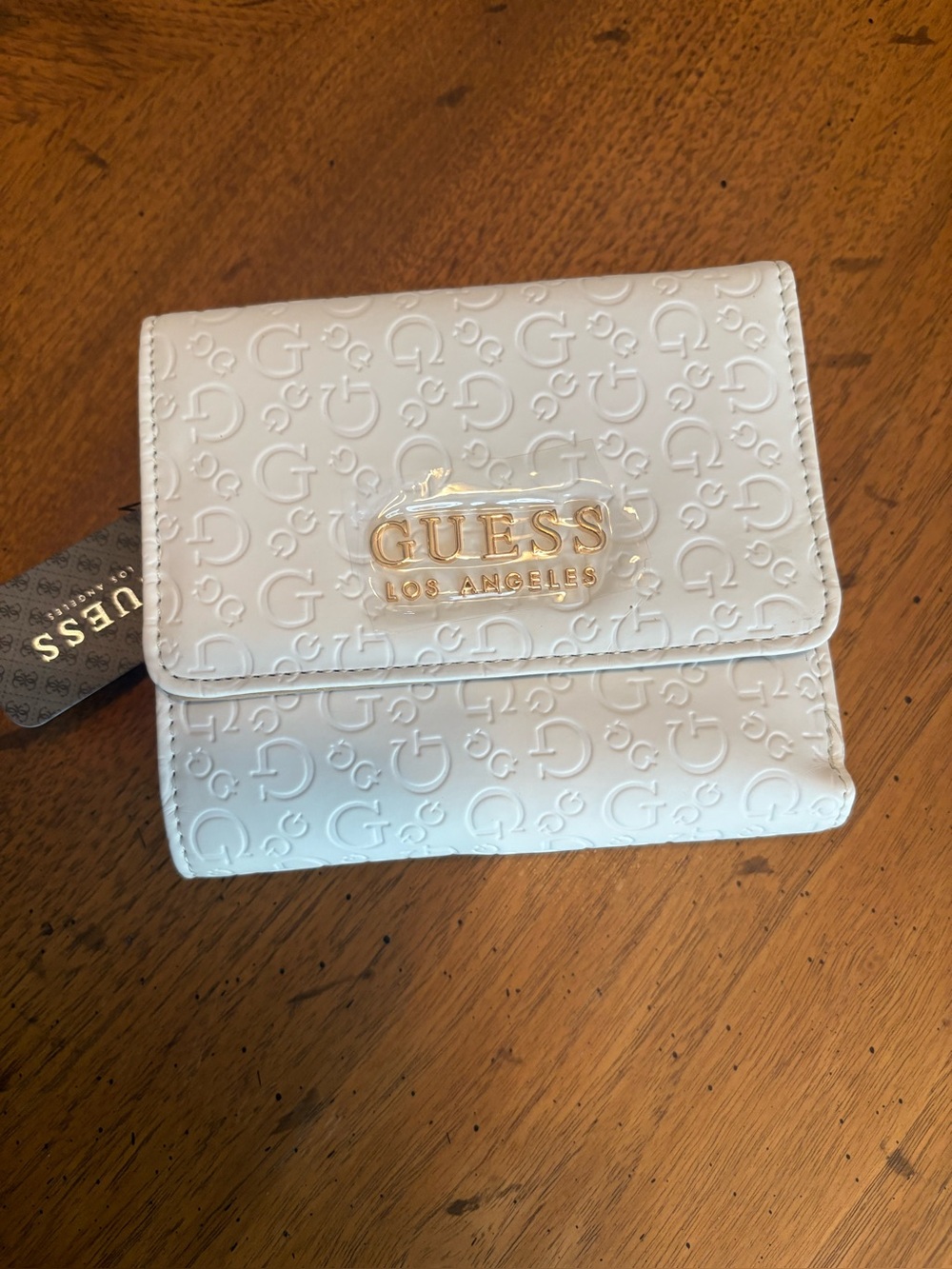 Guess White Embossed Logo Compact Wallet with Gold Plaque